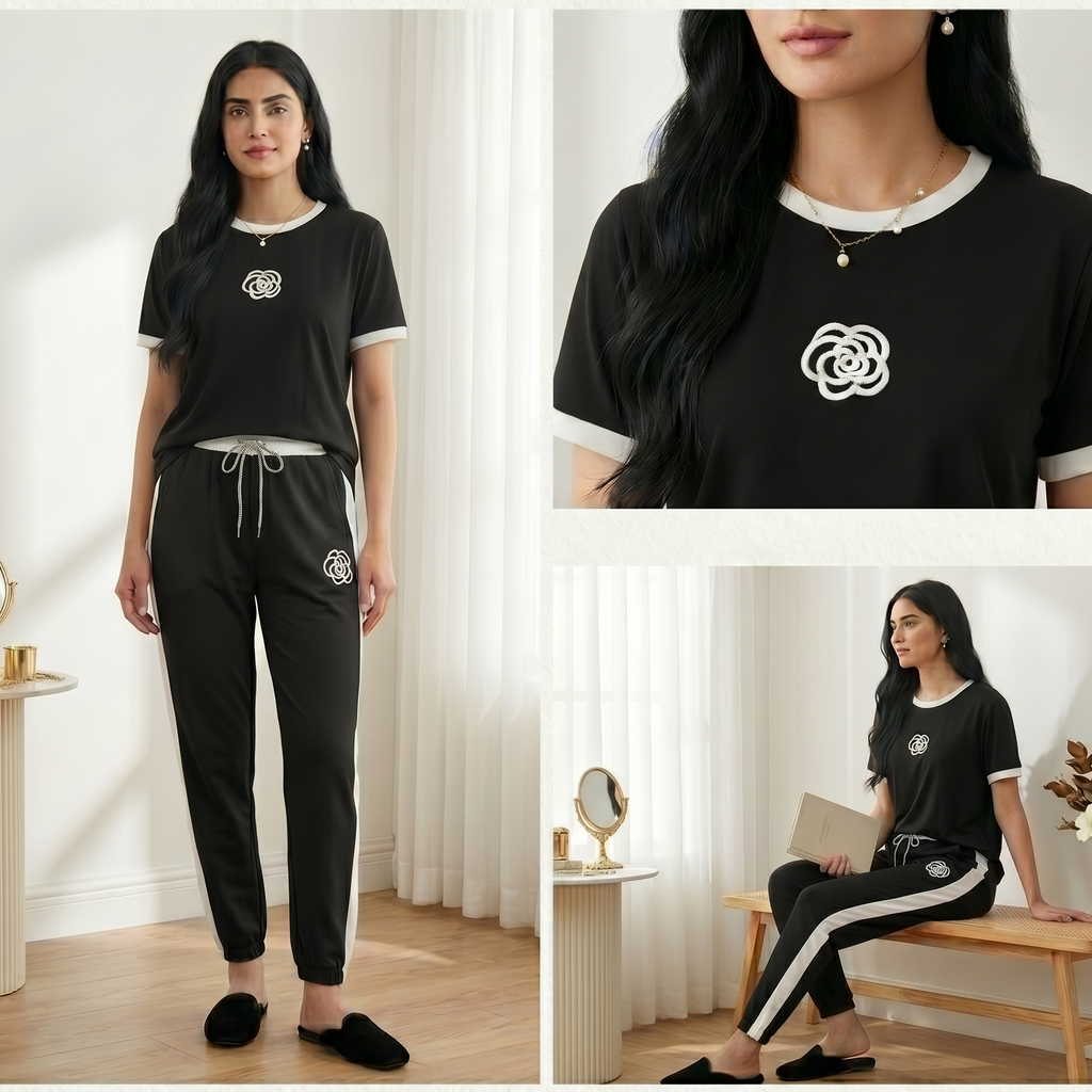 Napster Elegant Rose Contrast Women’s Sleepwear Set – Black & White Night Suit Pajama Set Pakistan