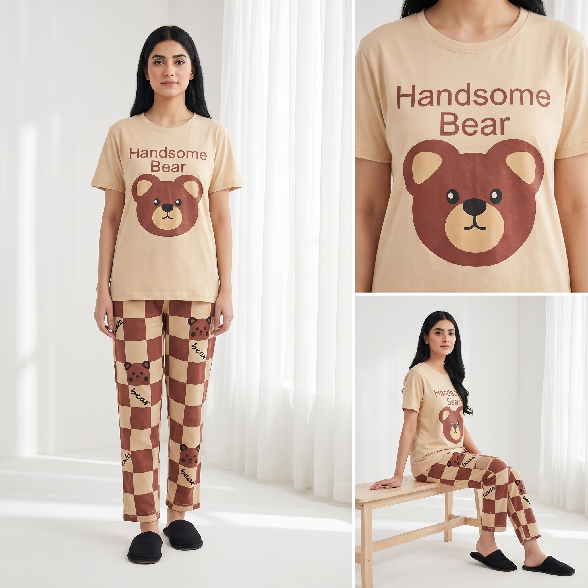 Napster Handsome Bear Women’s Sleepwear Set – Soft Printed Night Suit Pajama Set Pakistan