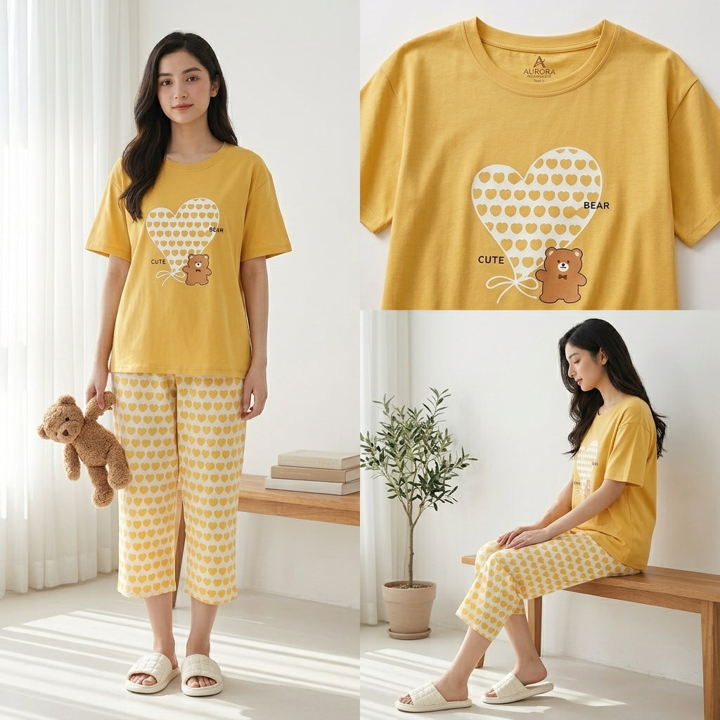Napster Cute Bear Heart Women’s Sleepwear Set – Soft Yellow Night Suit Pajama Set Pakistan