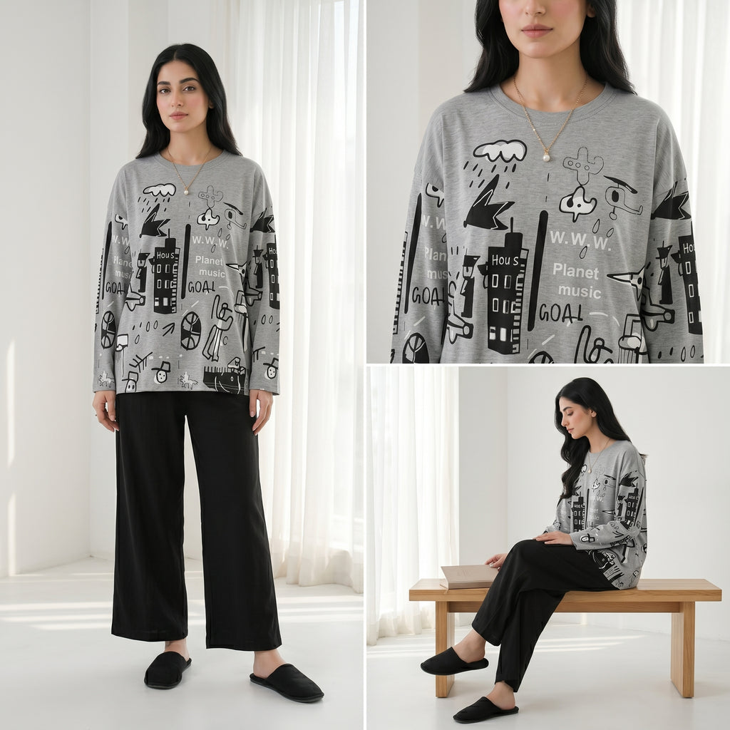 Napster Urban Sketch Print Women’s Sleepwear Set – Grey & Black Night Suit Pajama Set Pakistan