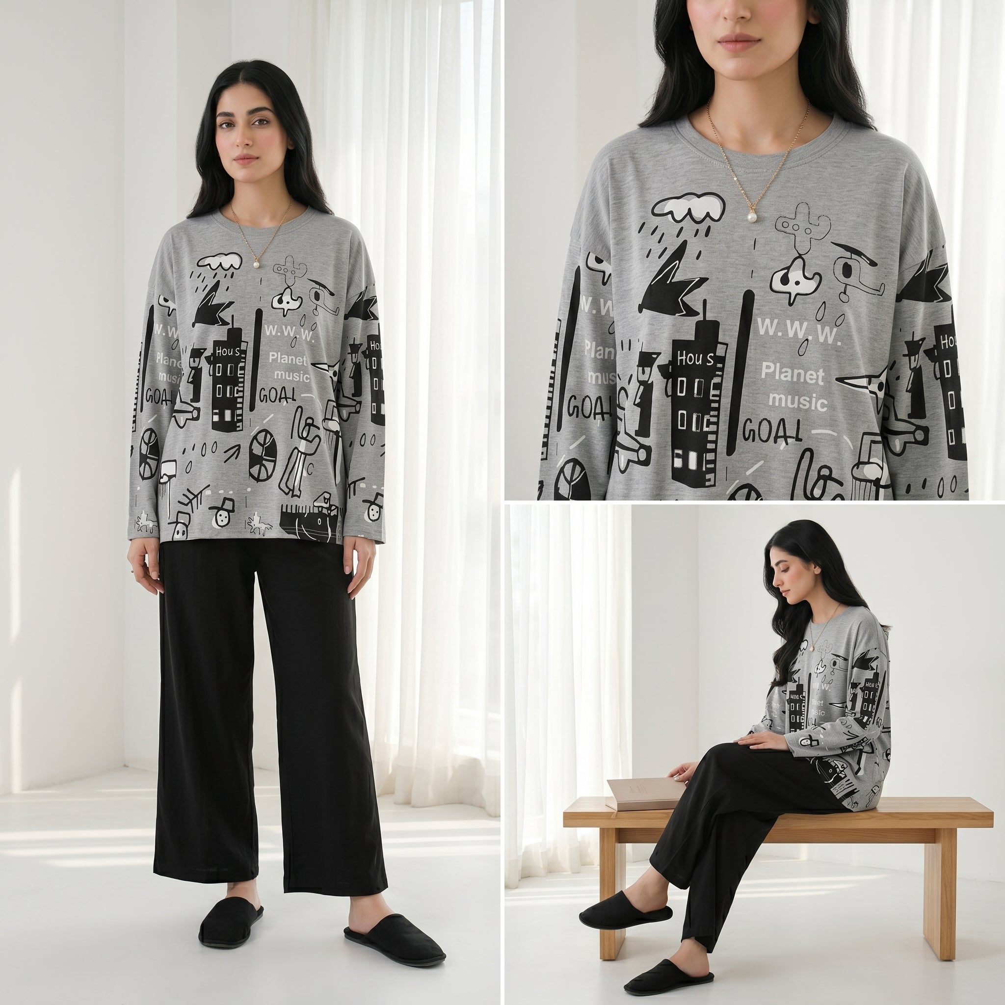 Napster Urban Sketch Print Women’s Sleepwear Set – Grey & Black Night Suit Pajama Set Pakistan