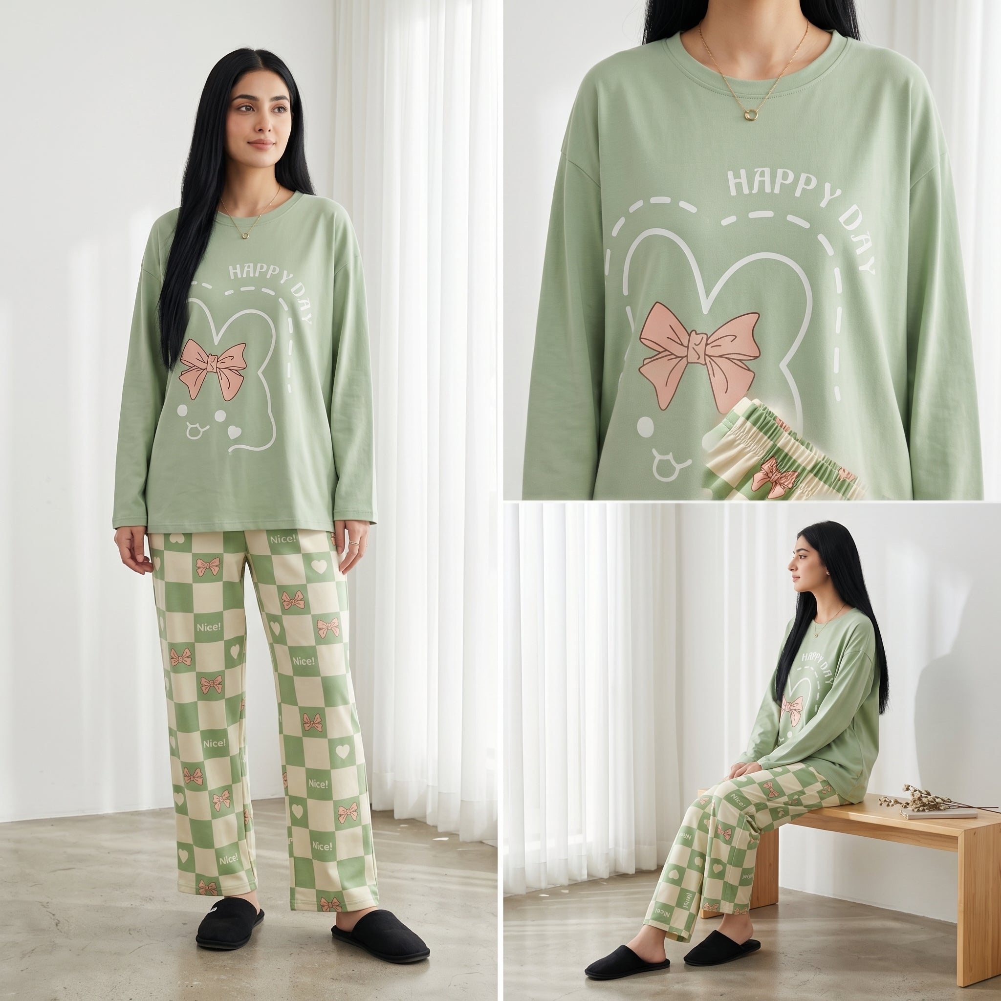 Napster Happy Day Bow Women’s Sleepwear Set – Mint Green Night Suit Pajama Set Pakistan