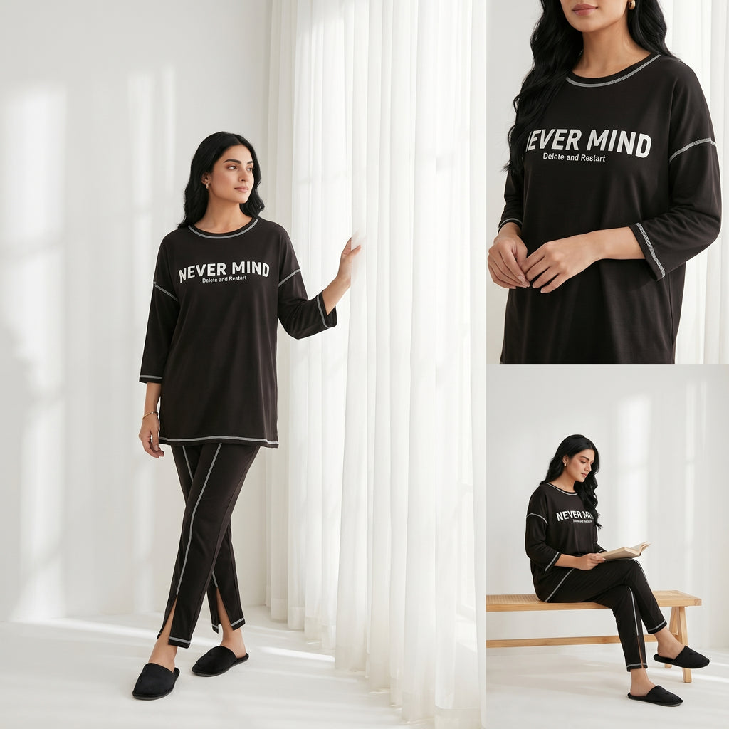 Napster Never Mind Women’s Sleepwear Set – Black Graphic Night Suit Pajama Set Pakistan