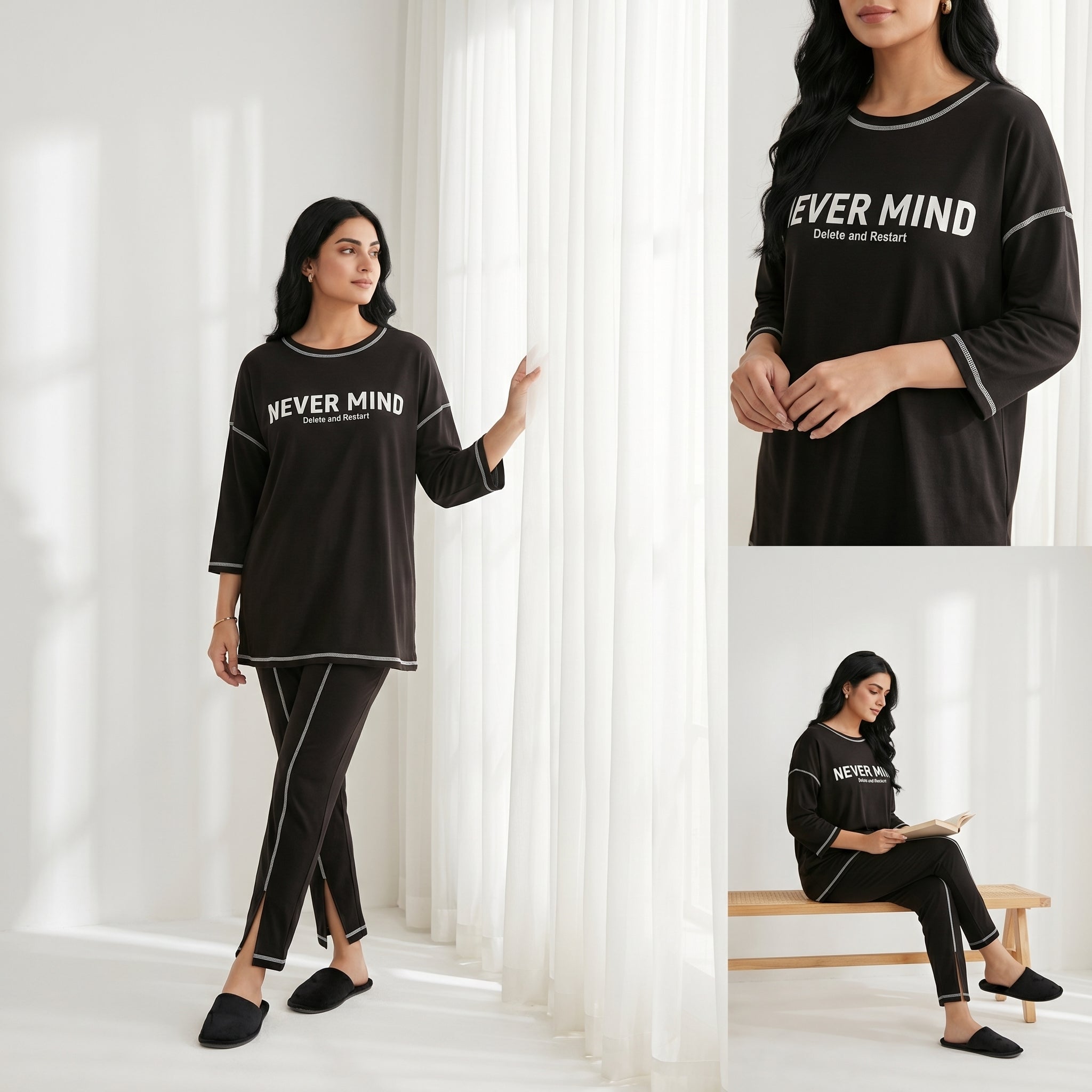 Napster Never Mind Women’s Sleepwear Set – Black Graphic Night Suit Pajama Set Pakistan