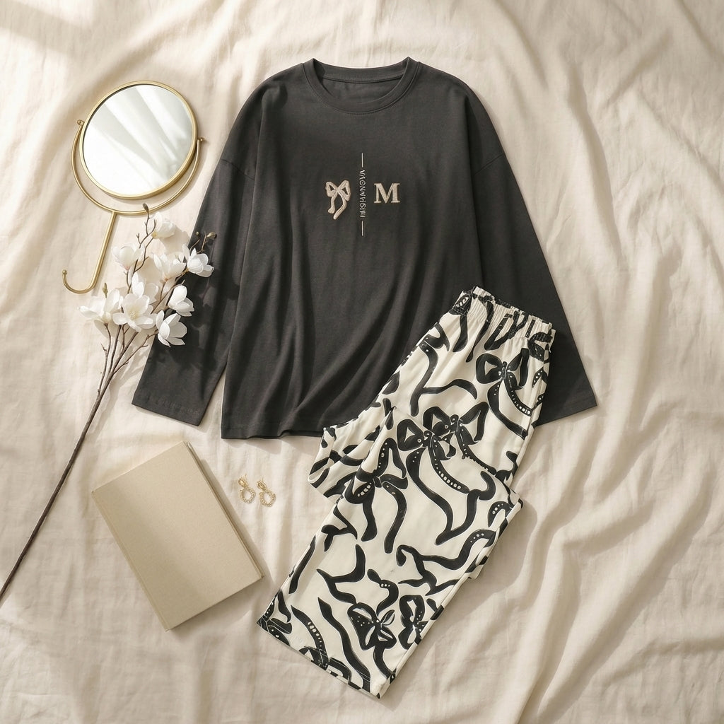 Napster Black Bow Print Women’s Sleepwear Set – Soft Full Sleeve Night Suit Pakistan