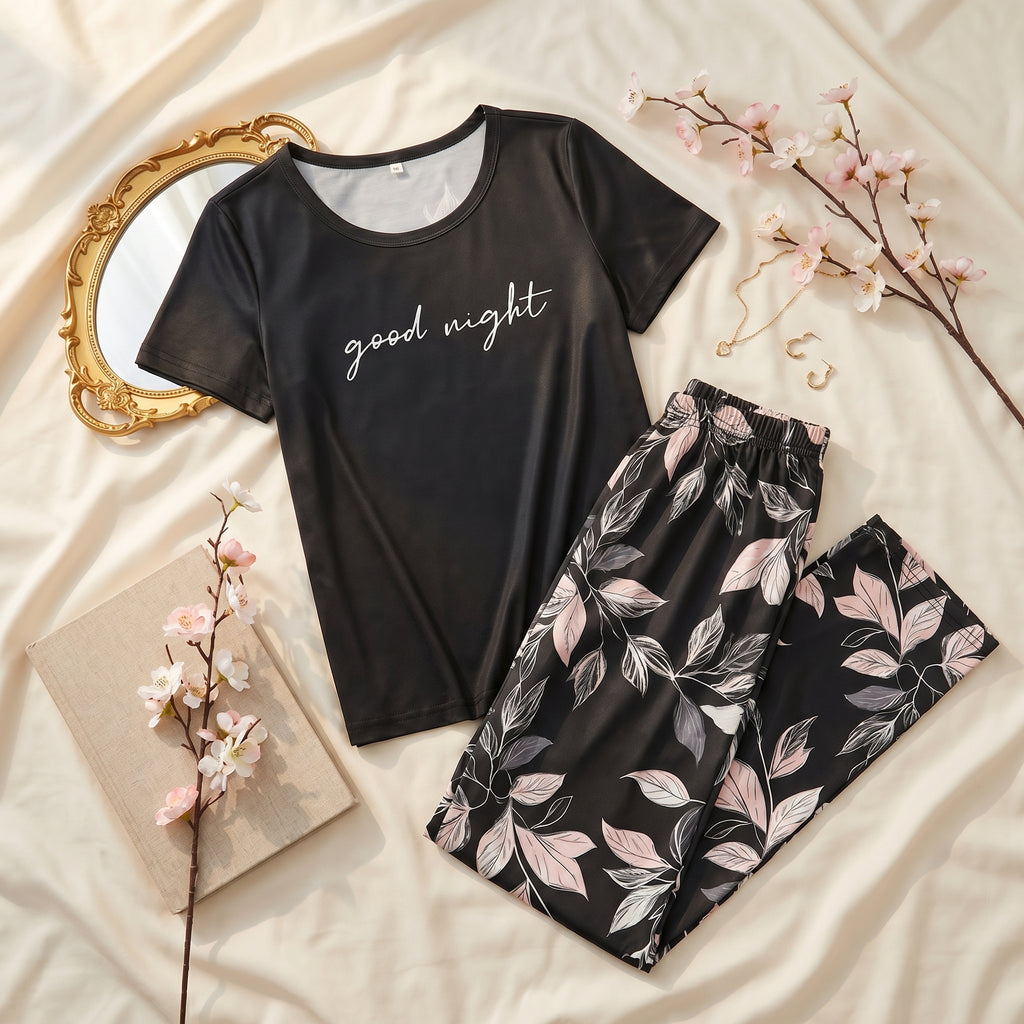 Napster Good Night Floral Women’s Sleepwear Set – Soft Black Night Suit Pajama Set Pakistan