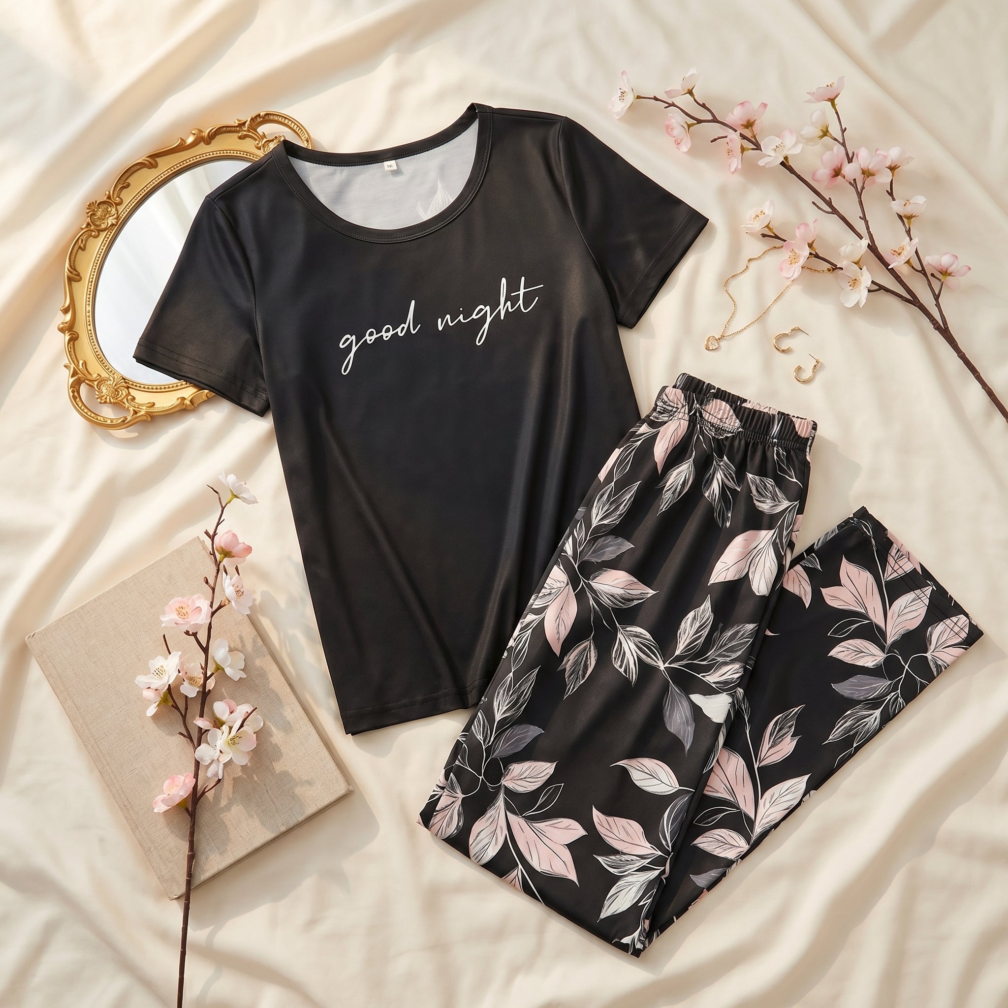 Napster Good Night Floral Women’s Sleepwear Set – Soft Black Night Suit Pajama Set Pakistan