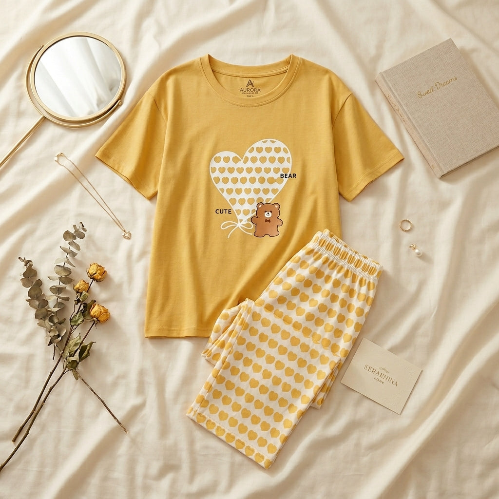 Napster Cute Bear Heart Women’s Sleepwear Set – Soft Yellow Night Suit Pajama Set Pakistan