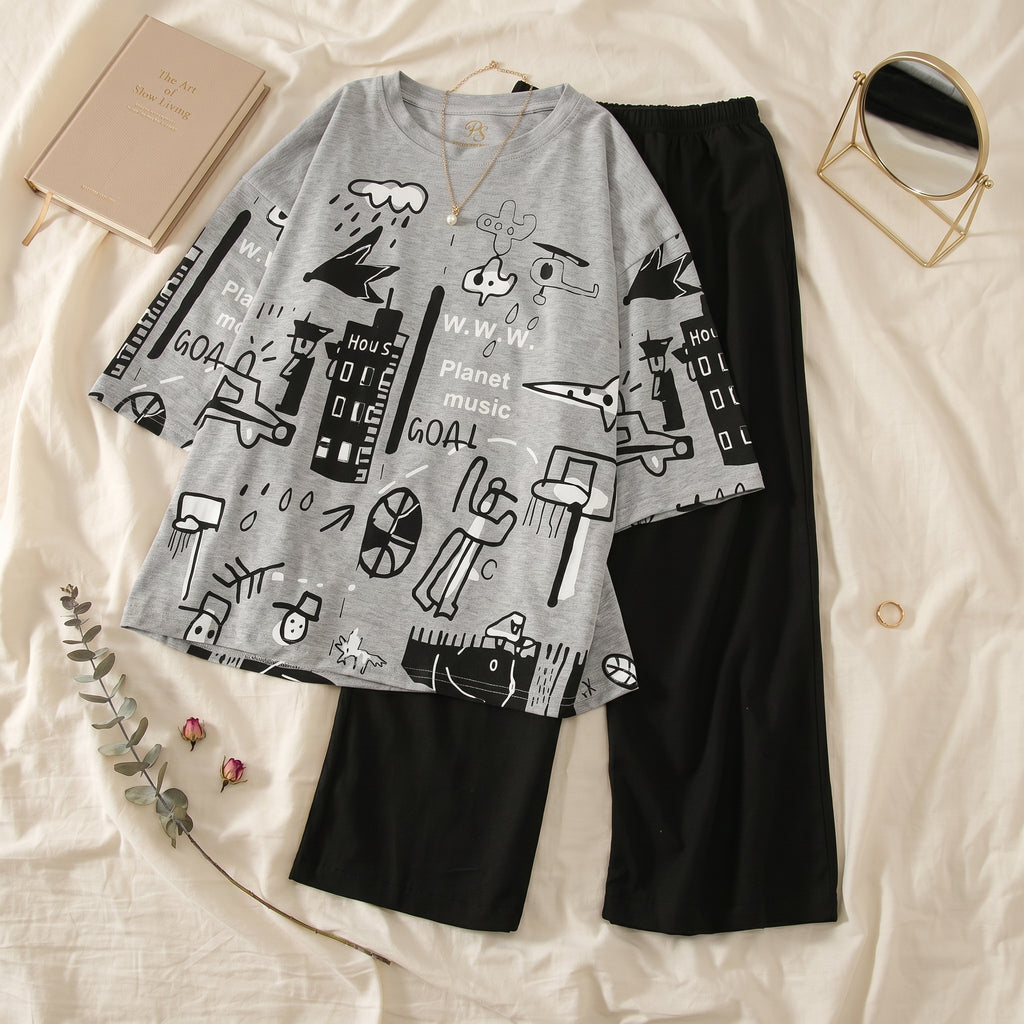 Napster Urban Sketch Print Women’s Sleepwear Set – Grey & Black Night Suit Pajama Set Pakistan