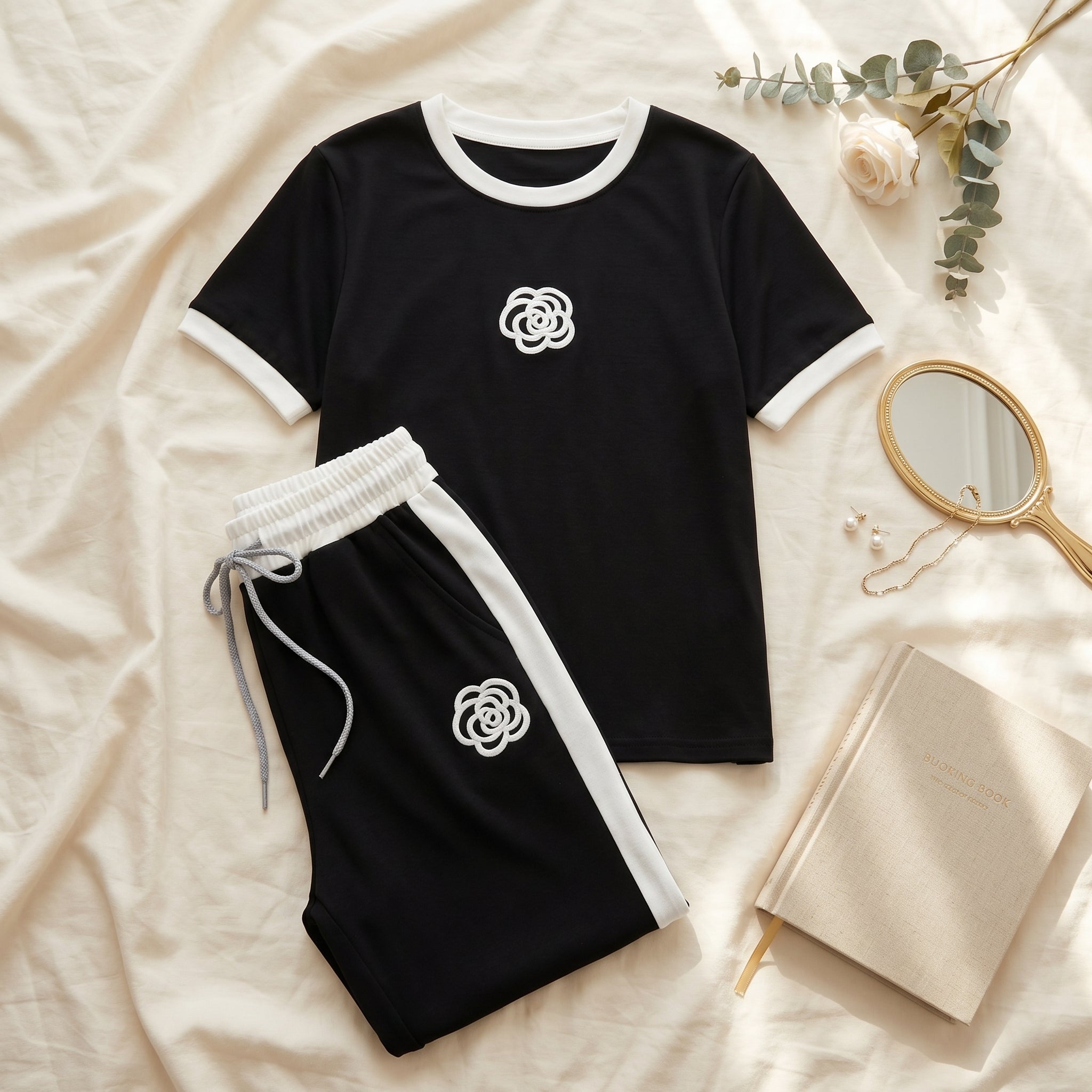 Napster Elegant Rose Contrast Women’s Sleepwear Set – Black & White Night Suit Pajama Set Pakistan