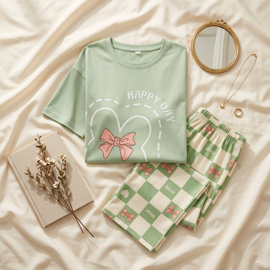 Napster Happy Day Bow Women’s Sleepwear Set – Mint Green Night Suit Pajama Set Pakistan