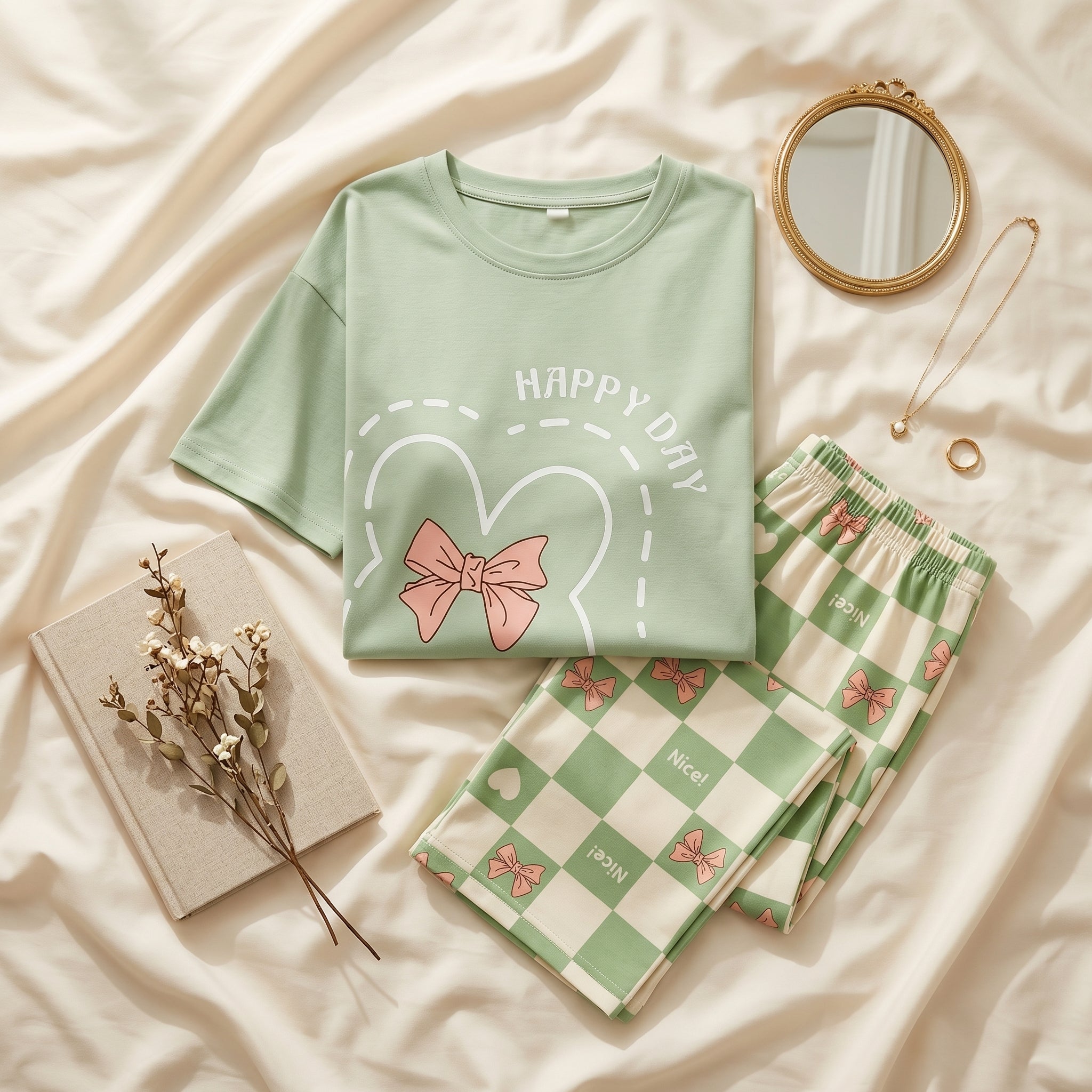Napster Happy Day Bow Women’s Sleepwear Set – Mint Green Night Suit Pajama Set Pakistan