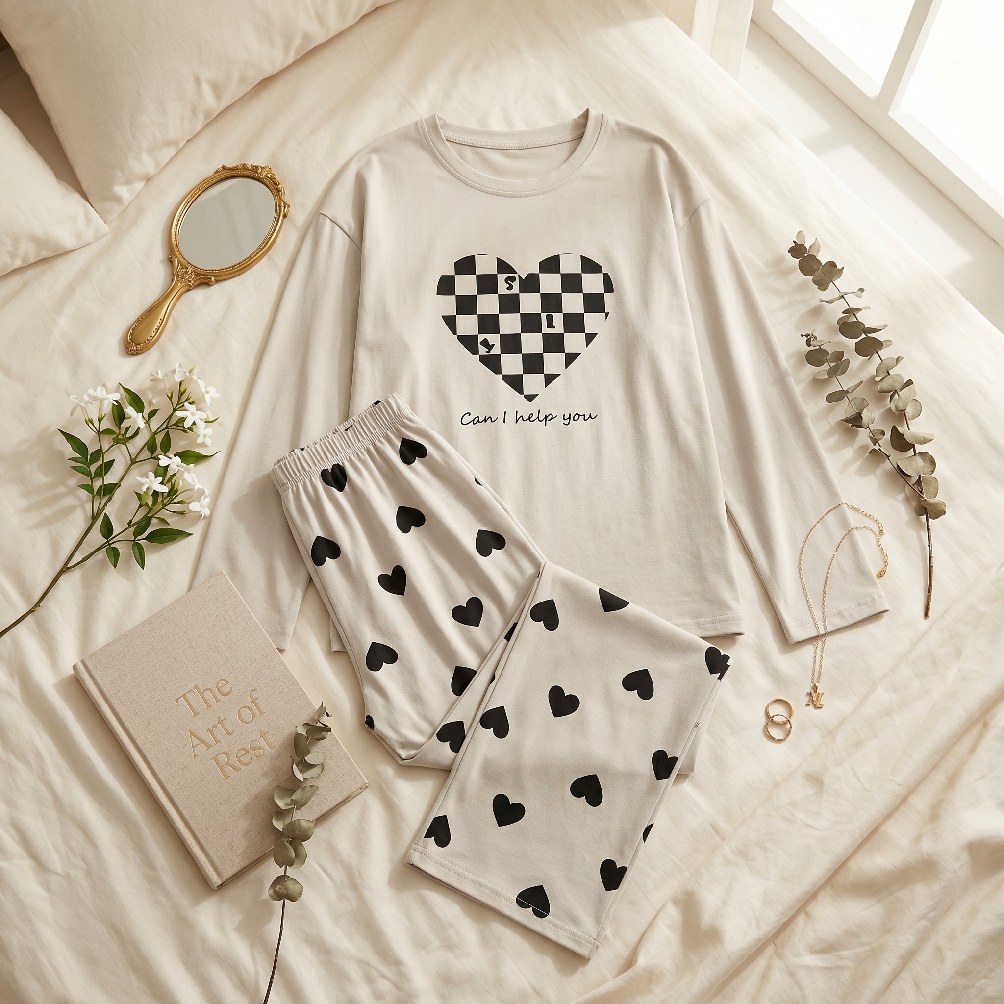 Napster Checkered Heart Women’s Sleepwear Set – Cream White Night Suit Pajama Set Pakistan