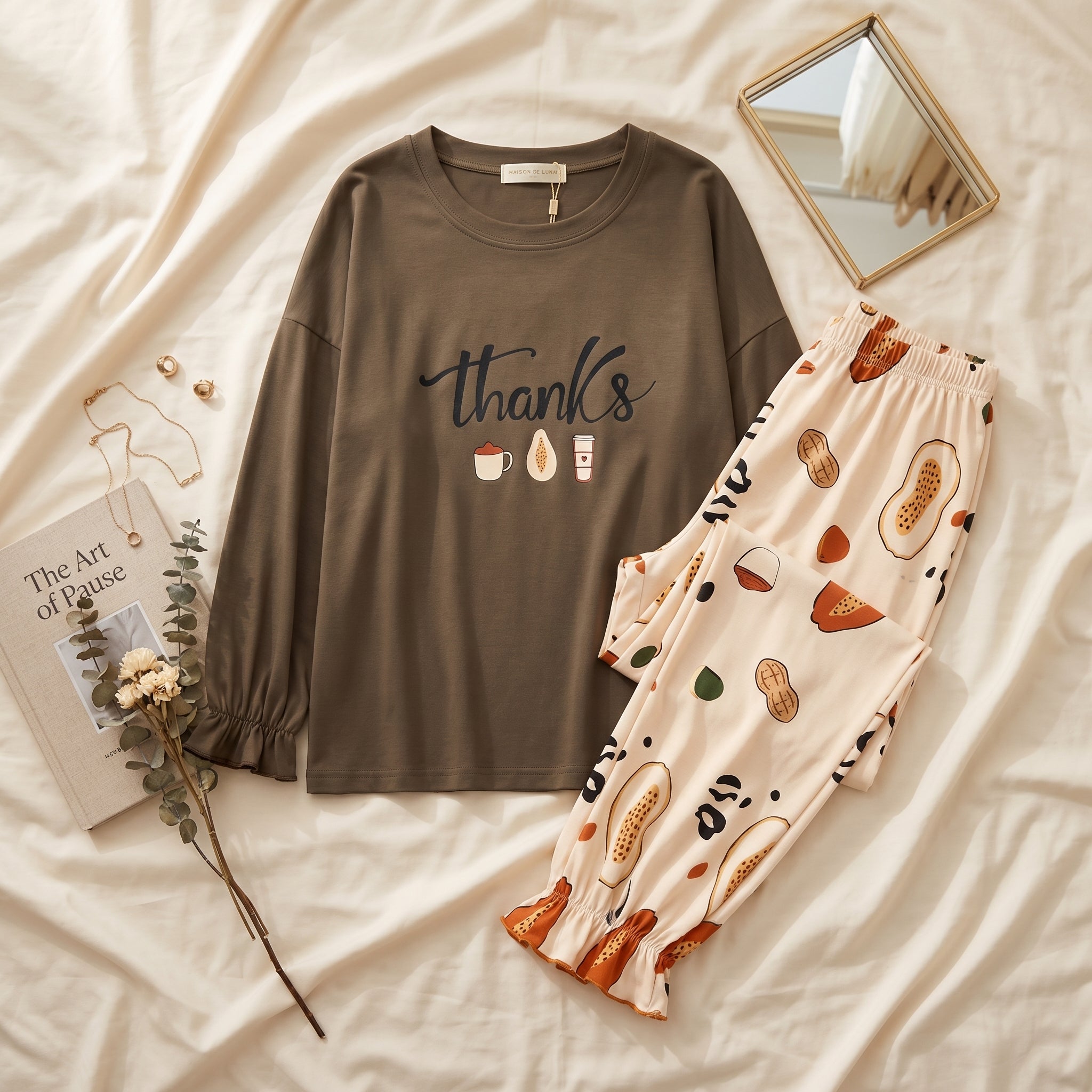 Napster Cozy Thanks Print Women’s Sleepwear Set – Brown & Cream Night Suit Pajama Set Pakistan