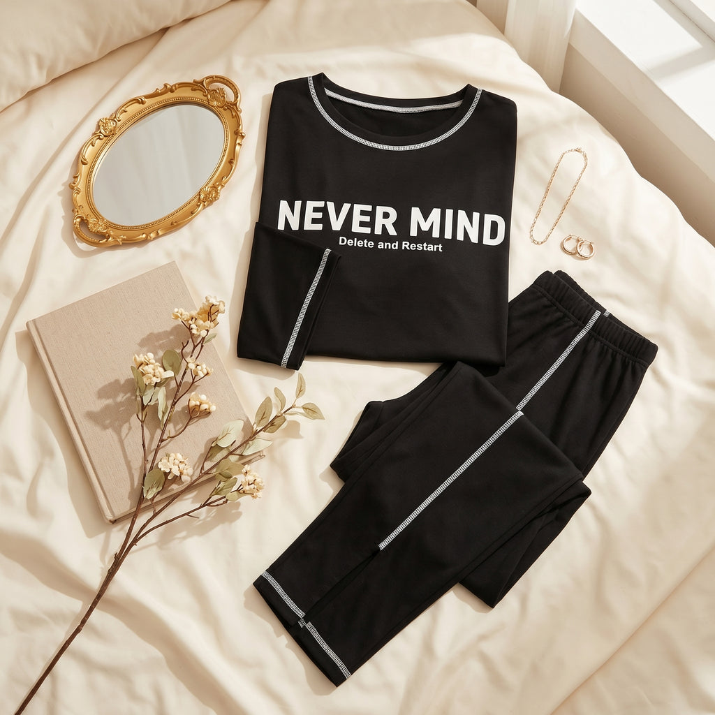 Napster Never Mind Women’s Sleepwear Set – Black Graphic Night Suit Pajama Set Pakistan