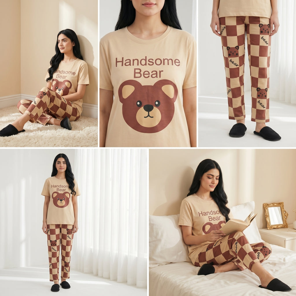 Napster Handsome Bear Women’s Sleepwear Set – Soft Printed Night Suit Pajama Set Pakistan