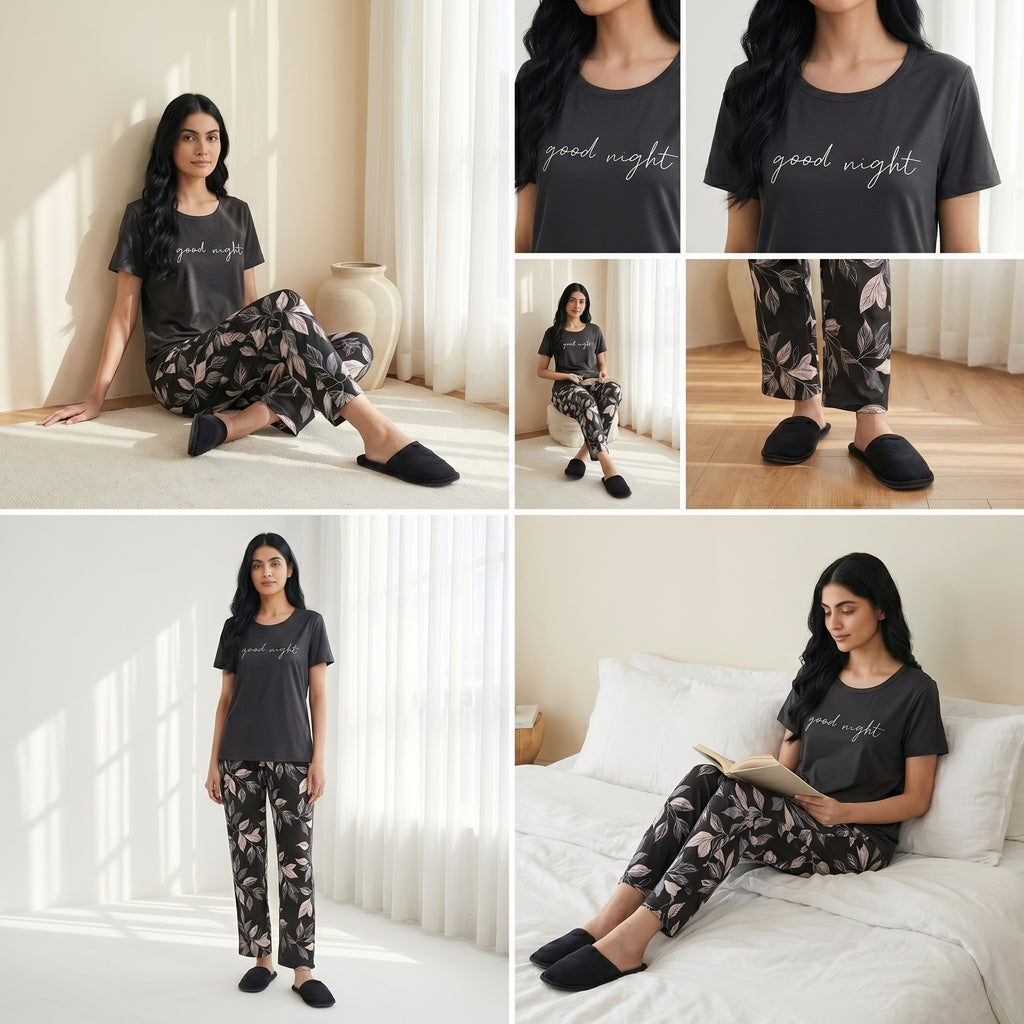 Napster Good Night Floral Women’s Sleepwear Set – Soft Black Night Suit Pajama Set Pakistan