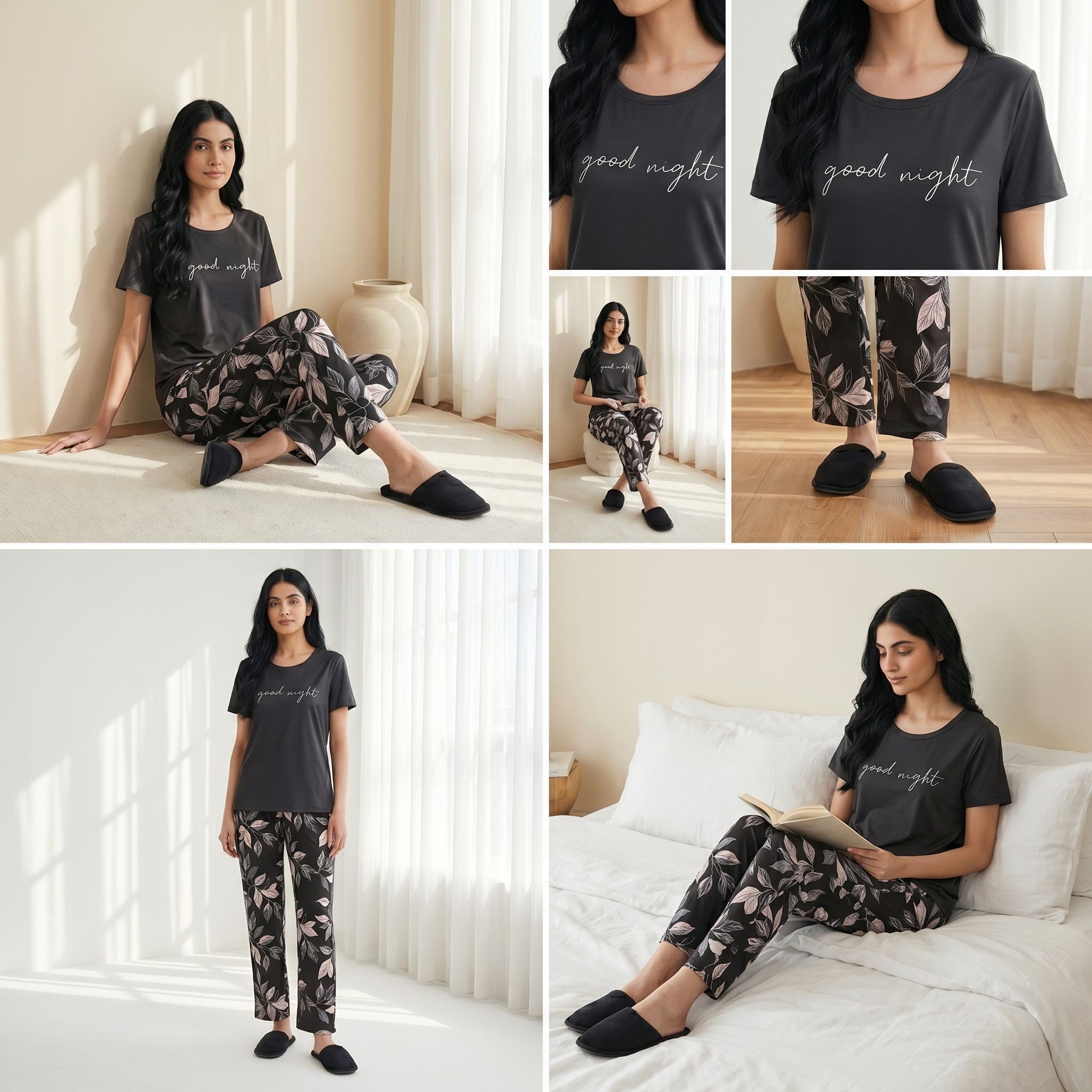 Napster Good Night Floral Women’s Sleepwear Set – Soft Black Night Suit Pajama Set Pakistan