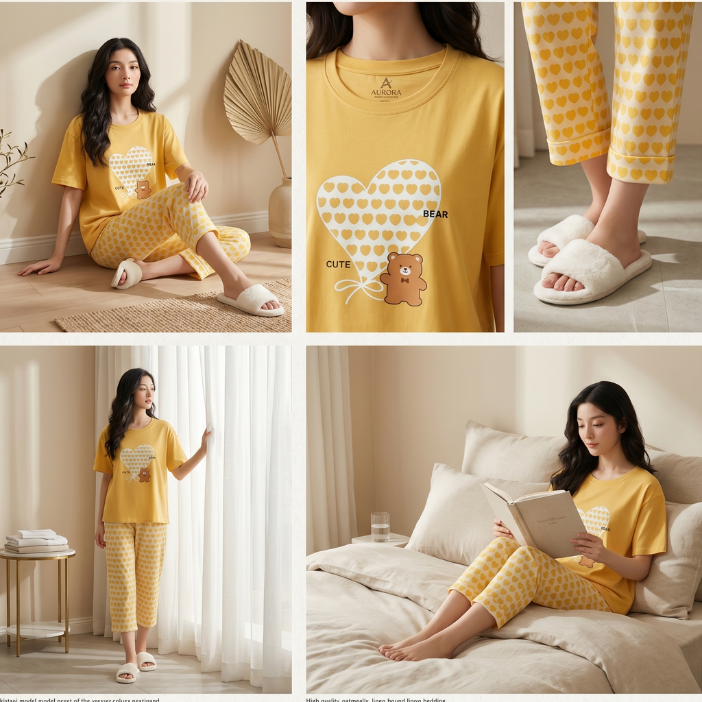 Napster Cute Bear Heart Women’s Sleepwear Set – Soft Yellow Night Suit Pajama Set Pakistan