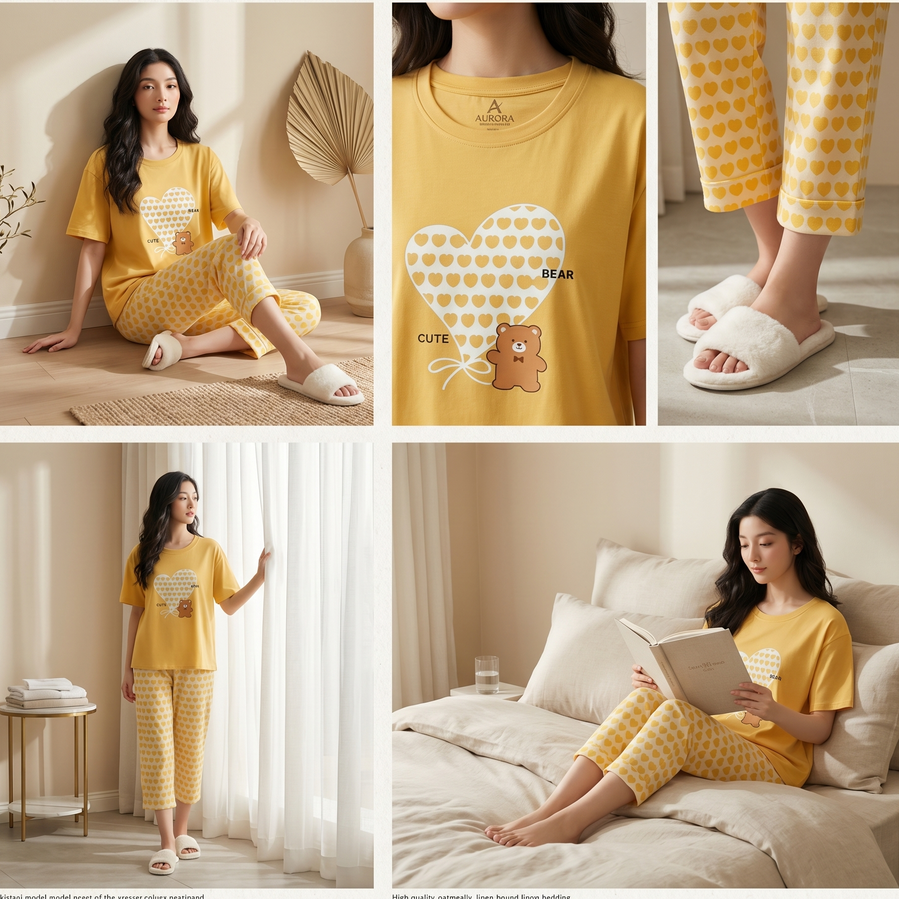 Napster Cute Bear Heart Women’s Sleepwear Set – Soft Yellow Night Suit Pajama Set Pakistan