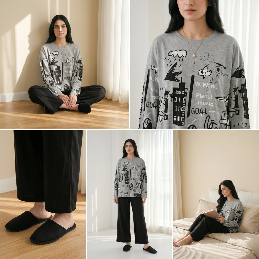 Napster Urban Sketch Print Women’s Sleepwear Set – Grey & Black Night Suit Pajama Set Pakistan