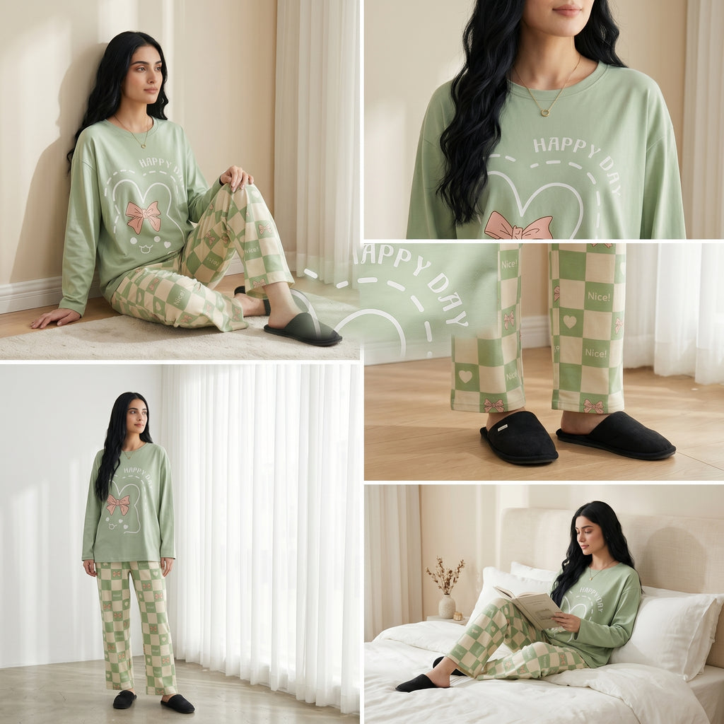 Napster Happy Day Bow Women’s Sleepwear Set – Mint Green Night Suit Pajama Set Pakistan