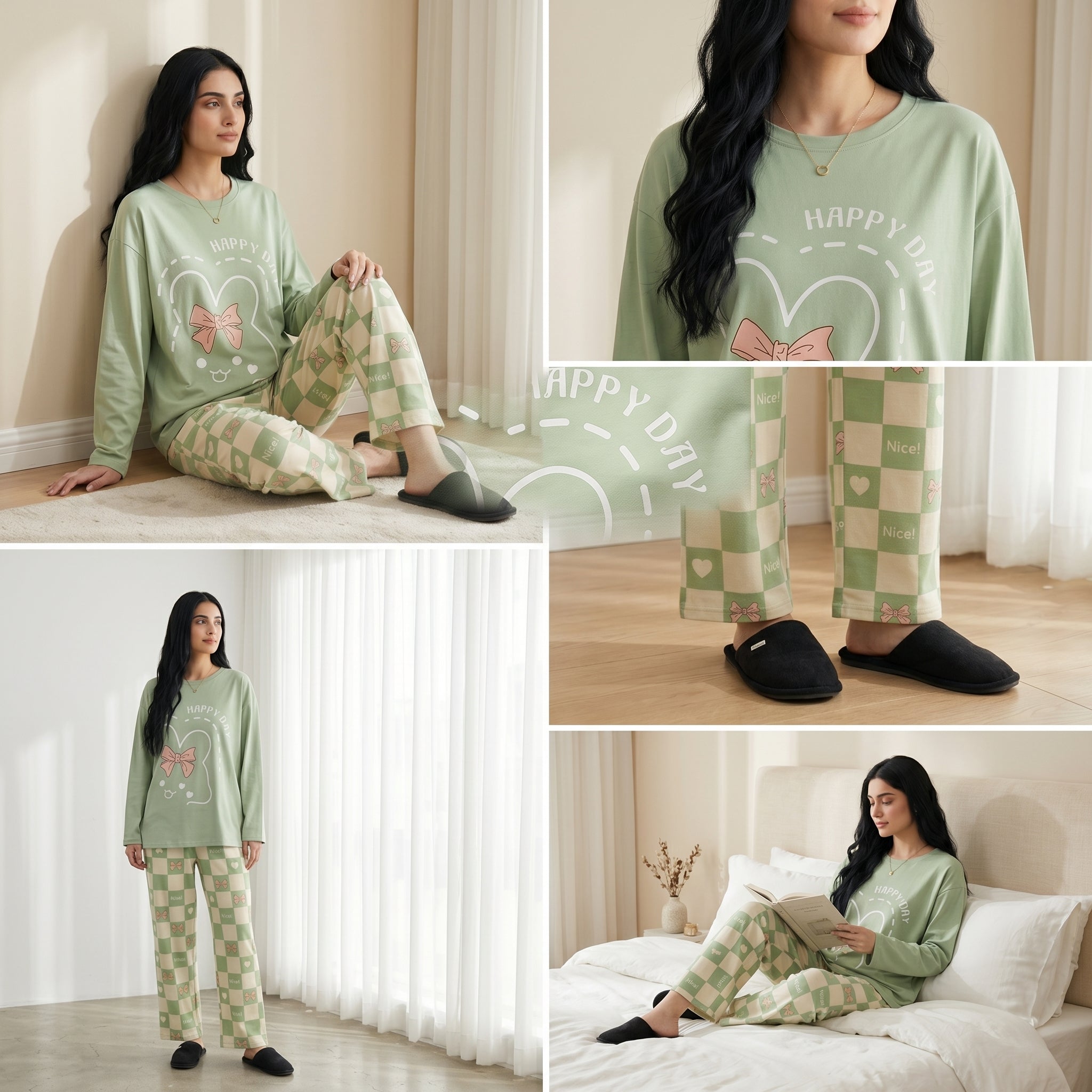 Napster Happy Day Bow Women’s Sleepwear Set – Mint Green Night Suit Pajama Set Pakistan