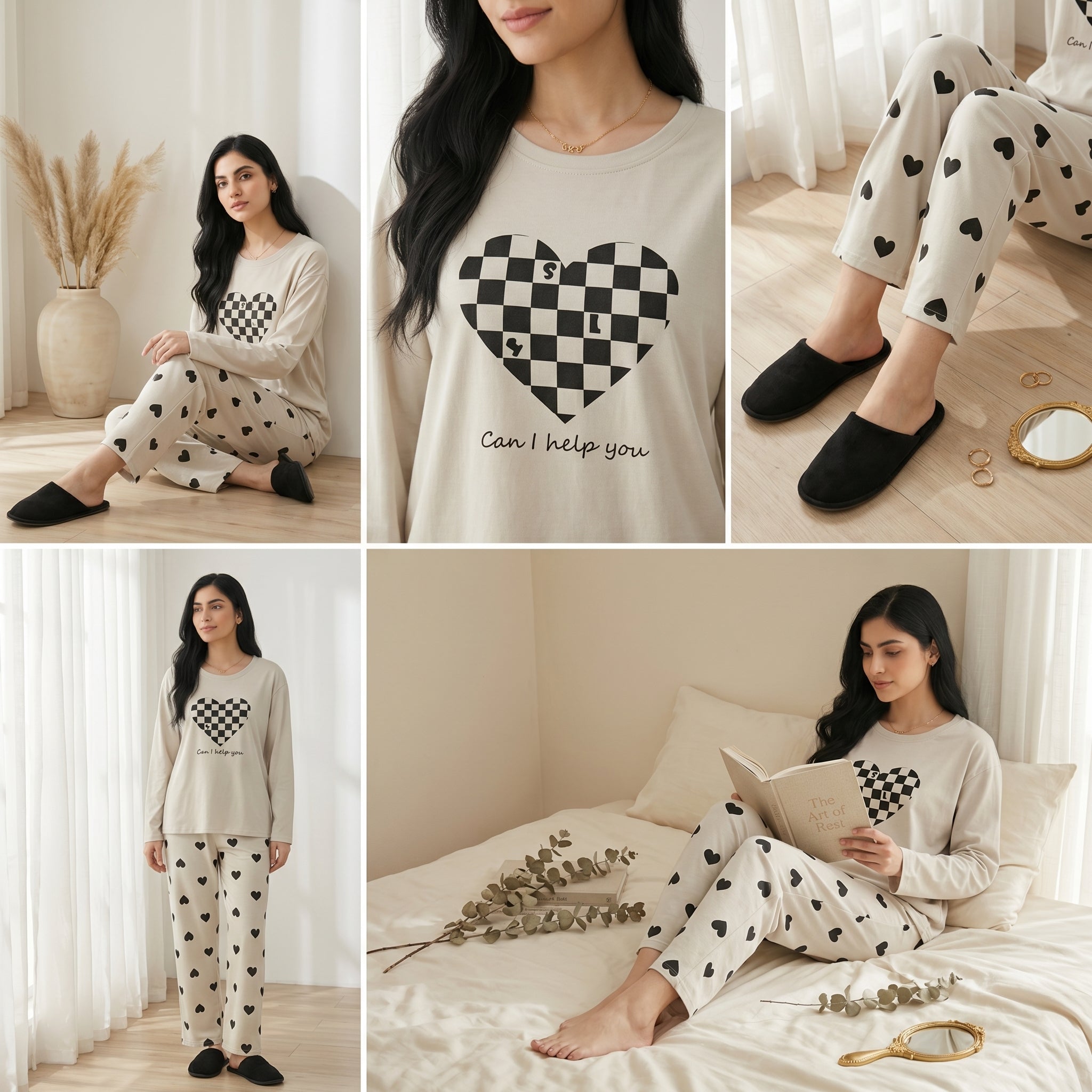 Napster Checkered Heart Women’s Sleepwear Set – Cream White Night Suit Pajama Set Pakistan