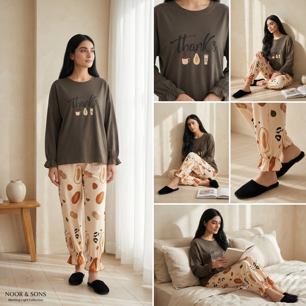 Napster Cozy Thanks Print Women’s Sleepwear Set – Brown & Cream Night Suit Pajama Set Pakistan