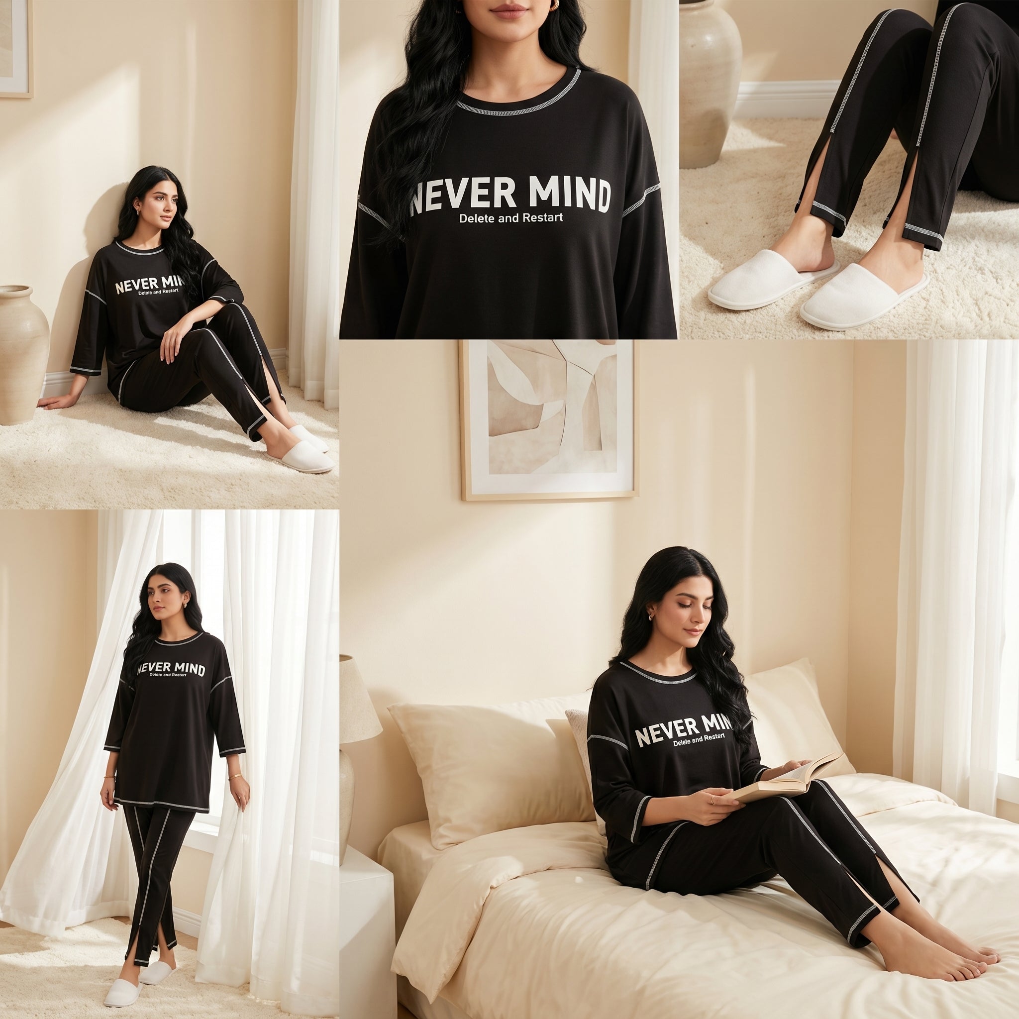 Napster Never Mind Women’s Sleepwear Set – Black Graphic Night Suit Pajama Set Pakistan
