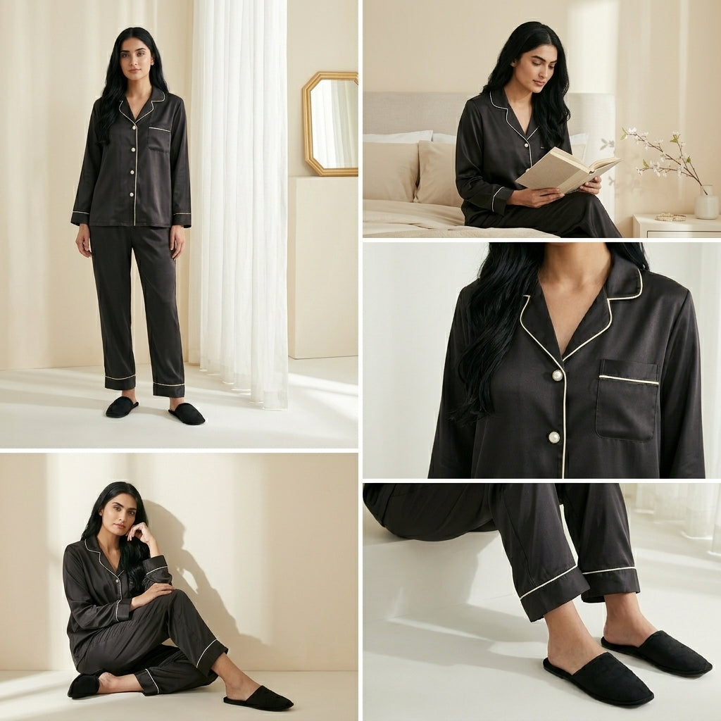 Napster Classic Black Satin Women’s Sleepwear Set – Luxury Button-Down Night Suit Pajama Set Pakistan