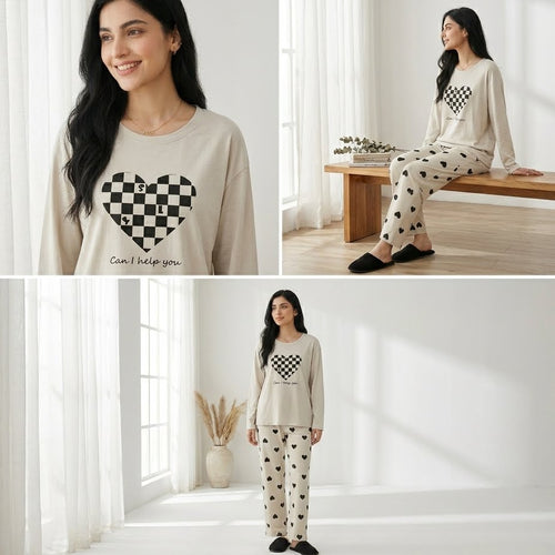 Napster Checkered Heart Women’s Sleepwear Set – Cream White Night Suit Pajama Set Pakistan