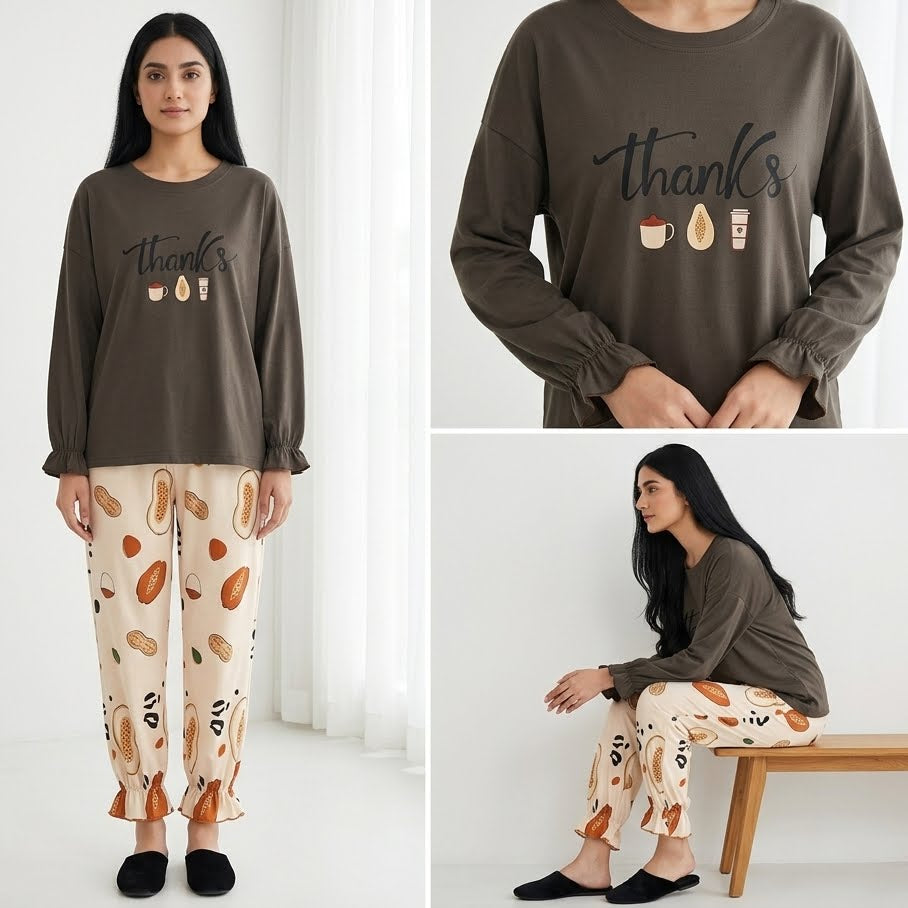 Napster Cozy Thanks Print Women’s Sleepwear Set – Brown & Cream Night Suit Pajama Set Pakistan