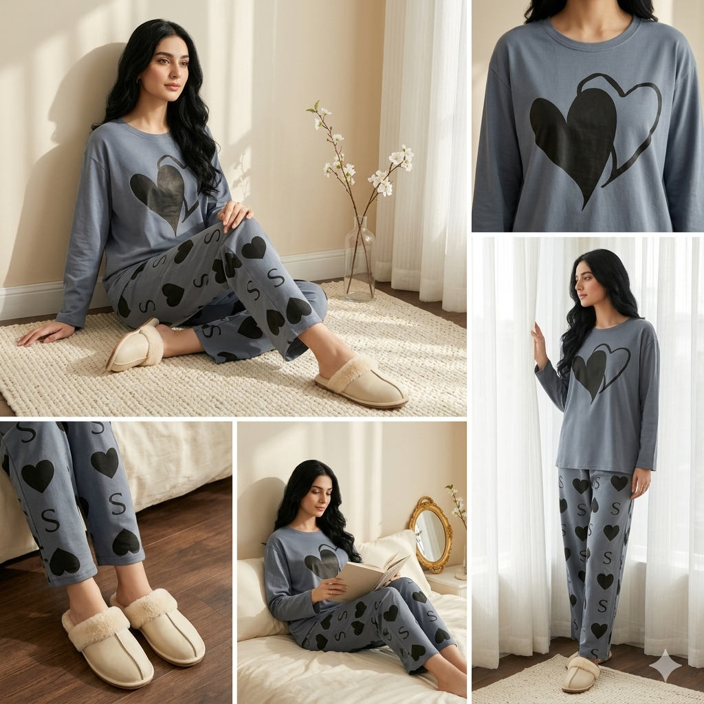 Women’s Grey Heart Print Sleepwear Set – Soft Long Sleeve Night Suit