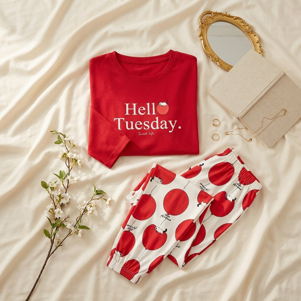 Women’s Red Hello Tuesday Sleepwear Set – Soft Long Sleeve Night Suit