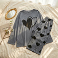 Women’s Grey Heart Print Sleepwear Set – Soft Long Sleeve Night Suit