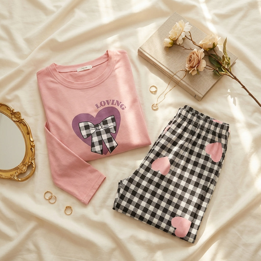Women’s Pink Loving Heart Sleepwear Set – Soft Long Sleeve Night Suit