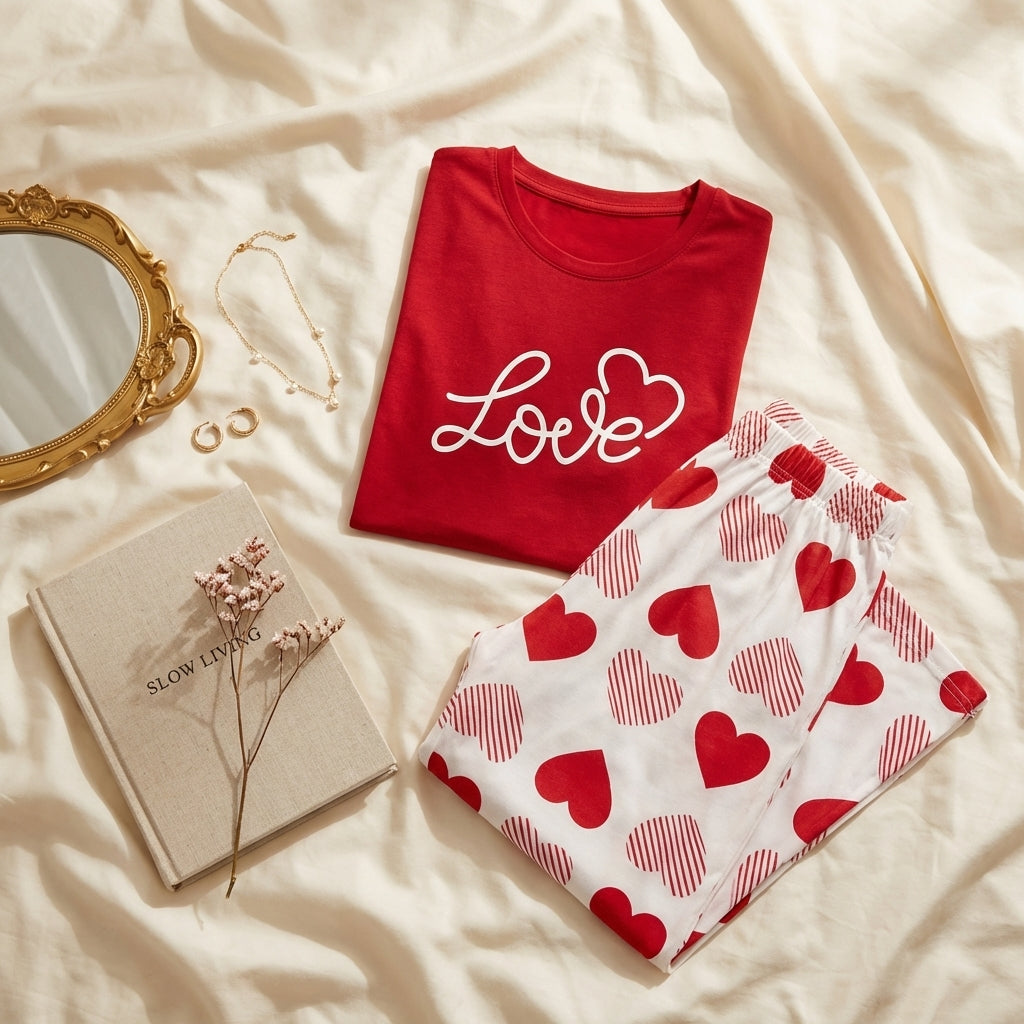Women’s Red Love Heart Sleepwear Set – Soft short Sleeve Night Suit