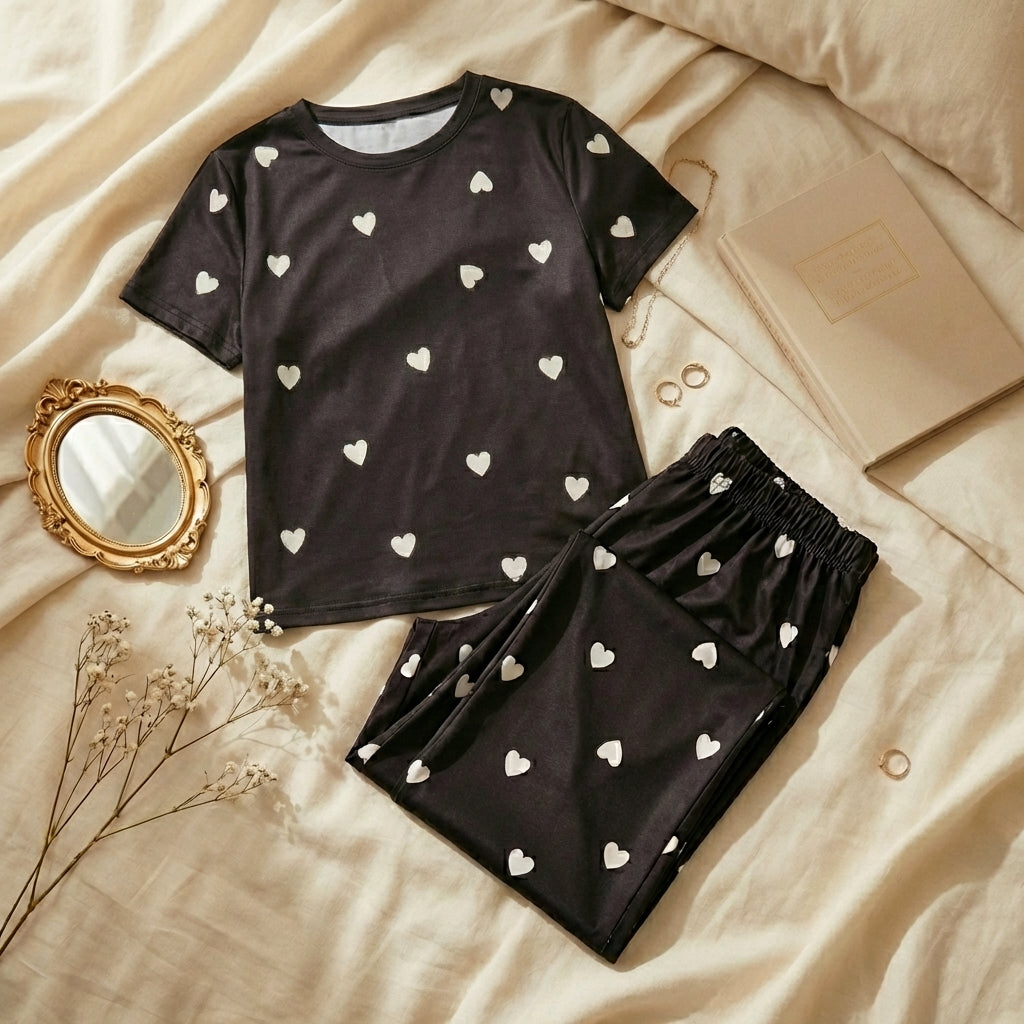 Black Heart Print Sleepwear Set – Soft Comfortable Night Suit Pakistan