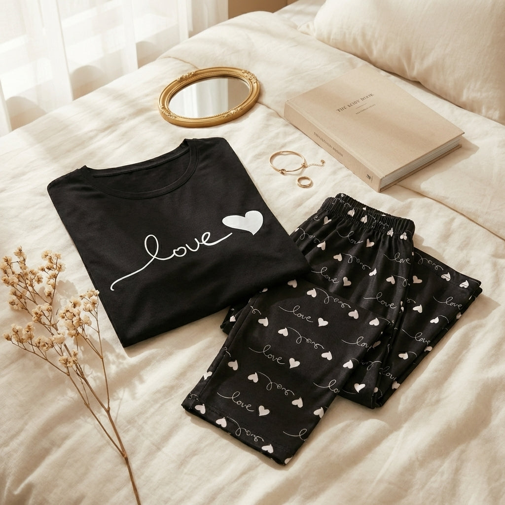 Napster Love Print Black Sleepwear Set for Women – Soft Night Suit & Pajama Set Pakistan