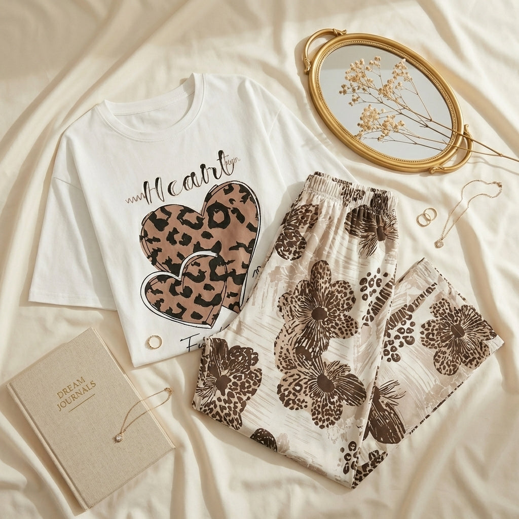 Napster Heart Print Women’s Sleepwear Set – Soft White T-Shirt & Floral Pajama Night Suit Pakistan