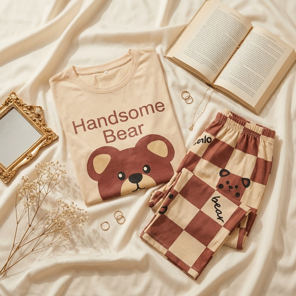 Napster Handsome Bear Women’s Sleepwear Set – Soft Printed Night Suit Pajama Set Pakistan