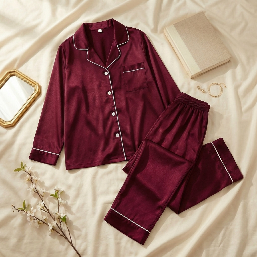 Napster Classic Maroon Satin Women’s Sleepwear Set – Luxury Button-Down Night Suit Pajama Set Pakistan