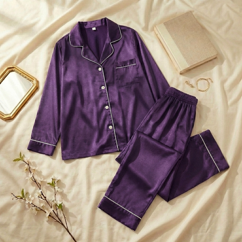 Napster Classic Purple Satin Women’s Sleepwear Set – Luxury Button-Down Night Suit Pajama Set Pakistan