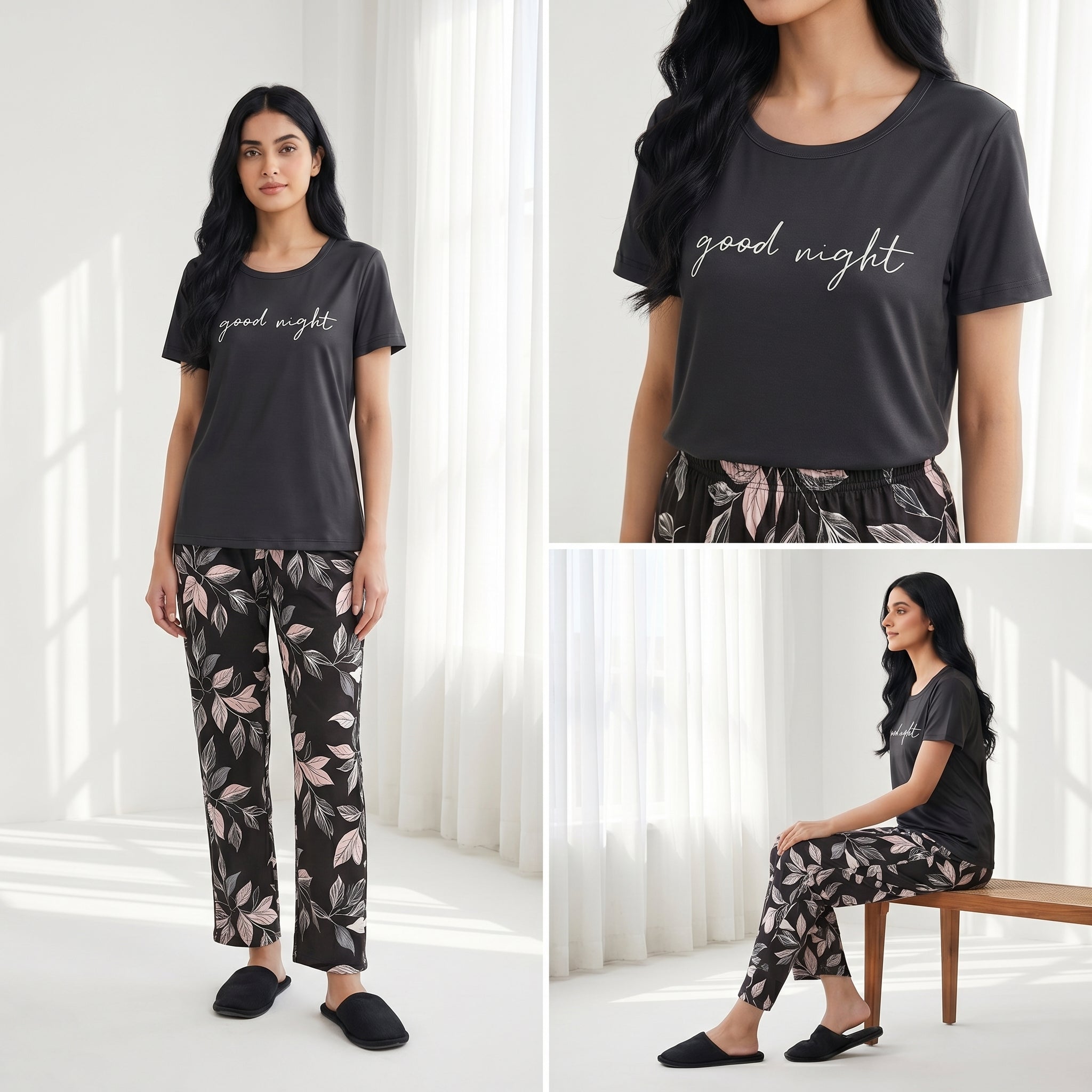 Napster Good Night Floral Women’s Sleepwear Set – Soft Black Night Suit Pajama Set Pakistan