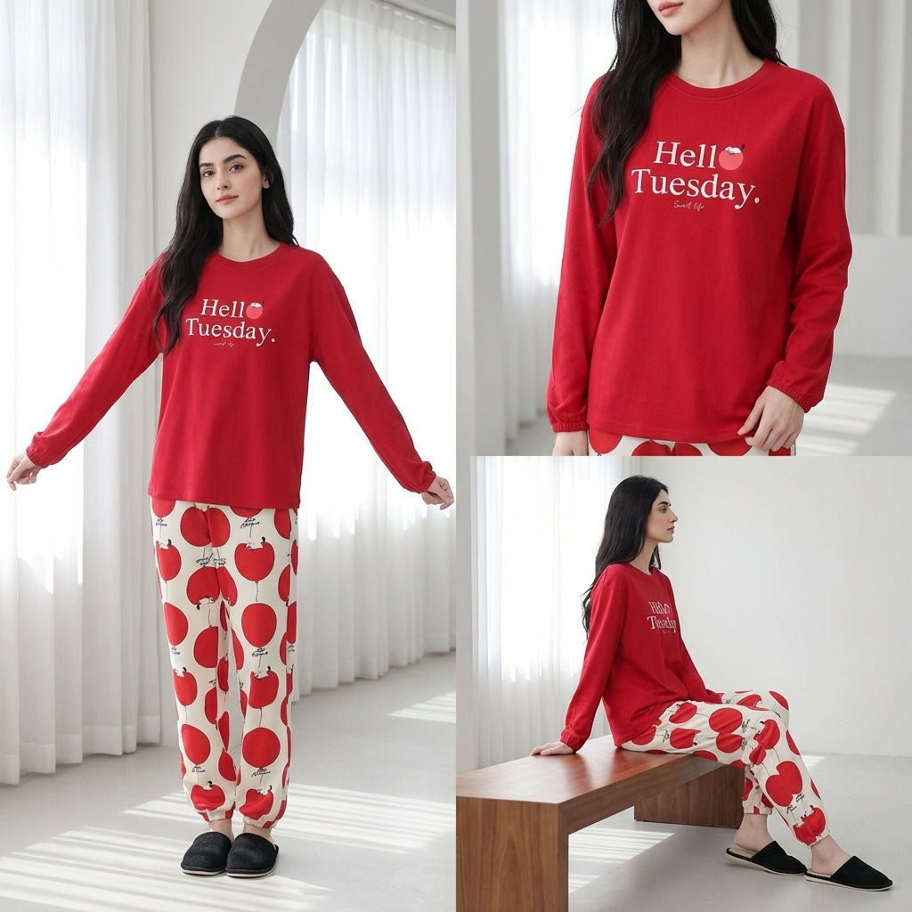 Women’s Red Hello Tuesday Sleepwear Set – Soft Long Sleeve Night Suit