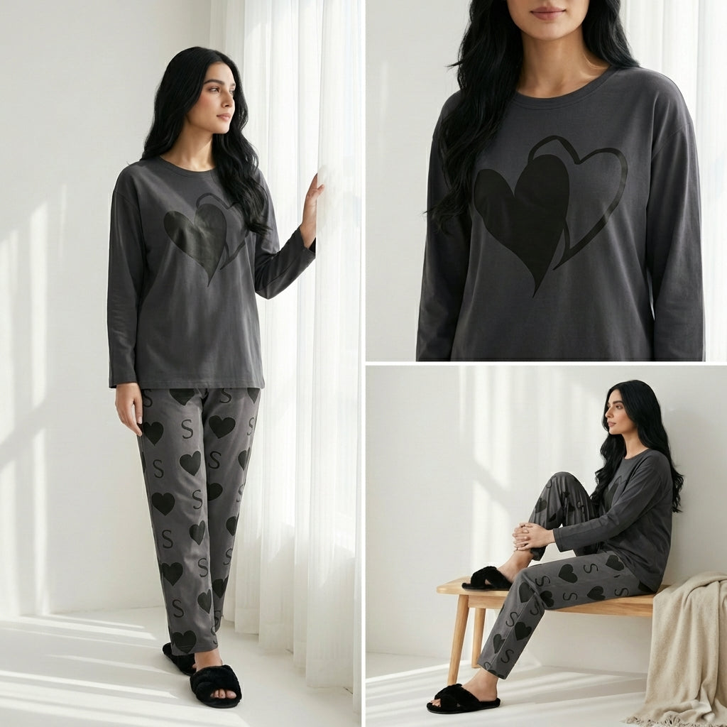 Women’s Grey Heart Print Sleepwear Set – Soft Long Sleeve Night Suit