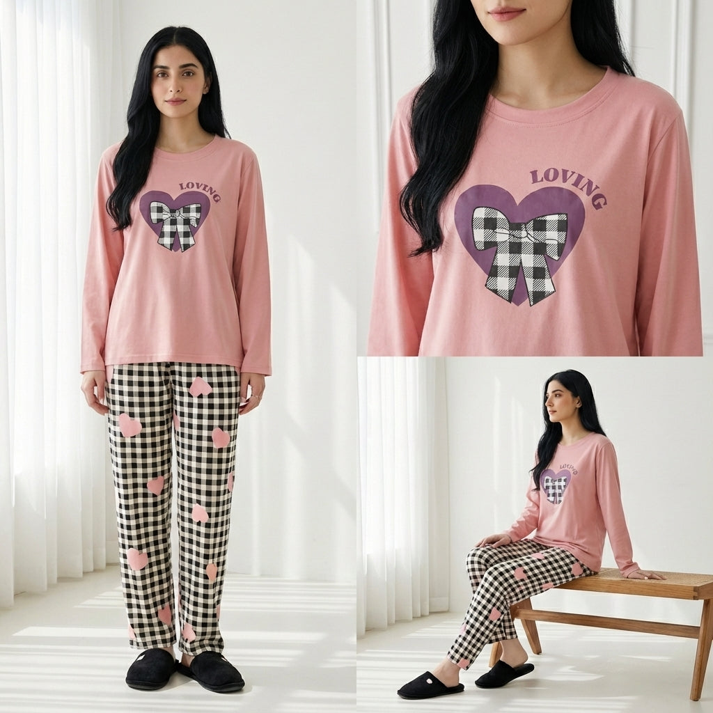 Women’s Pink Loving Heart Sleepwear Set – Soft Long Sleeve Night Suit