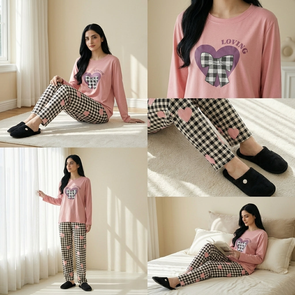 Women’s Pink Loving Heart Sleepwear Set – Soft Long Sleeve Night Suit