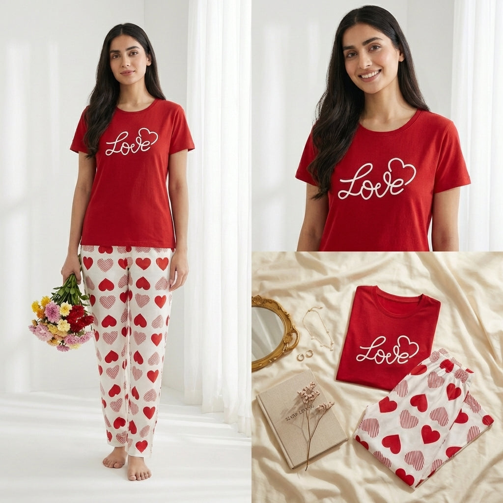 Women’s Red Love Heart Sleepwear Set – Soft short Sleeve Night Suit